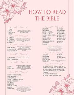 a pink menu with flowers and the words how to read the bible in red on it