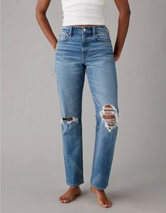 AE Stretch Super High-Waisted Ripped Ankle Straight Jean Straight Jeans Outfit, Mom Jeans Ripped, Jeans For Tall Women, Trendy Mom Outfits, Womens Boyfriend Jeans, Ripped Jeans Women, Best Jeans For Women, Trendy Mom, Stylish Mom