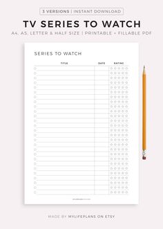 the tv series to watch worksheet is shown with a pencil next to it