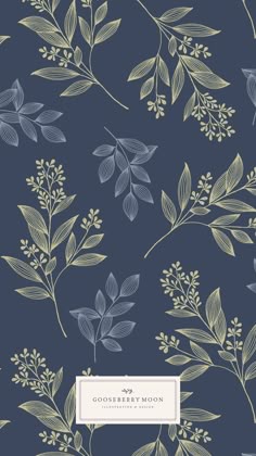 a blue and yellow floral wallpaper with leaves