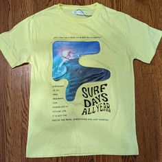 Big Kids Zara Surf T-Shirt With Raised Graphic & Text. So Cool! Size 13/14. You Can Feel The Soft Squishy, Protruding Graphic And Text. This Is A Unique Tee And Fun Find! Yellow Top With Front Print For Summer, Yellow Summer Top With Front Print, Yellow Front Print Top For Summer, Fun Yellow Tops With Graphic Print, Yellow Graphic Print Fun Top, Fun Yellow Graphic Print Tops, Fun Yellow Tops With Text Print, Yellow Short Sleeve T-shirt With Text Print, Yellow Crew Neck T-shirt With Text Print