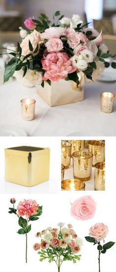 pink and white flowers in vases, candles and napkins on a table with gold foil