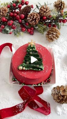 a cake decorated with a christmas tree on top of a red plate next to pine cones