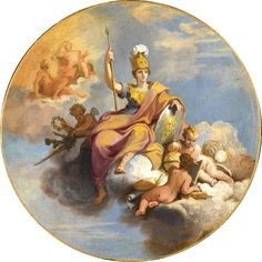 a painting of a woman on top of a cloud with angels in the sky behind her