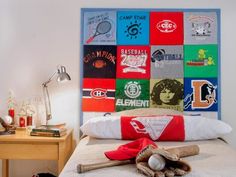 an image of a bedroom setting with t - shirt quilts on the headboard