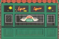 an illustration of a restaurant called central perk with neon signs on the front window