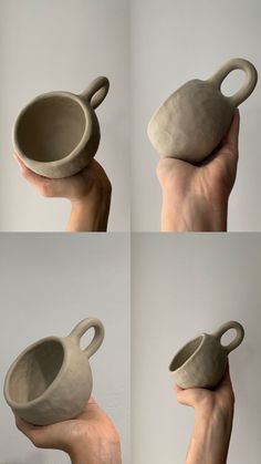 four different views of a person's hand holding a small cup with handles in it