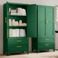 a green armoire with bookshelves and drawers