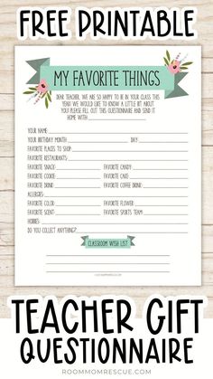 the free printable my favorite things teacher gift question