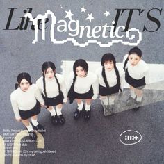 an advertisement for little magnetics featuring girls in school uniforms and black boots, standing on the street