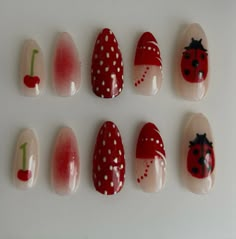 #red #nails #nailart #nailset #naildesign #inspiration #coquette #coquetteaesthetic #coquettestyle #ladybug #cherry #strawberry Fiona Apple Nails, Cute Nails Cherry, Gel Nail Designs Cherry, Red Kawaii Nails, Nails Cherry Design, Nail Design Cherry, Ladybug Nails Designs, Red Coquette Nails, Ladybug Acrylic Nails