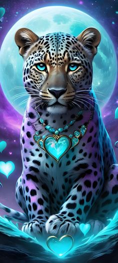 a painting of a leopard sitting on top of a rock with a heart in its mouth