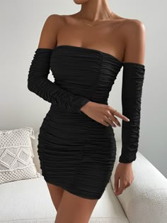 Black Sexy Collar Long Sleeve Fabric Plain Bodycon Embellished High Stretch  Women Clothing Tight Dress Outfit Baddie, Rouched Dress, Tight Dress Outfit, Off Shoulder Fashion, Mini Robes, Ruched Bodycon Dress, Black Bodycon Dress, Tube Dress, Party Dresses For Women