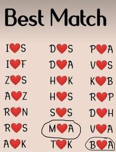 the words best match are written in red hearts on a white sheet with black letters