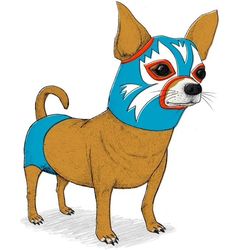 a drawing of a dog wearing a blue shirt with white and red designs on it's chest