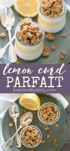 lemon crumble parfait in small glass jars with spoons on the side