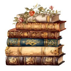 three books stacked on top of each other with flowers growing out of the covers,