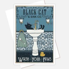 a black cat and sink co wash your paws greeting card