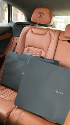 two bags sitting in the back seat of a car, next to a laptop computer