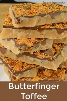 chocolate and peanut butter toffee bars stacked on top of each other with text overlay