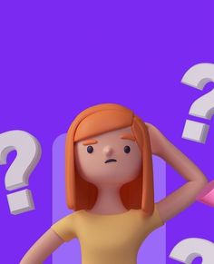 a woman is holding her head in front of question markes on a purple background