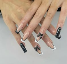 Black Birthday Nails Almond, Black And White Acrylic Nails Designs Ideas, Black French Design Nails, Black And White Nails Prom, Black And White Graduation Nails, Black And White Nails Birthday, Square Acrylic Nails Black And White, Nail Inspo Mid Length, Black Charm Nails