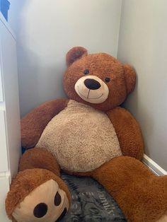 a large brown teddy bear sitting in a corner