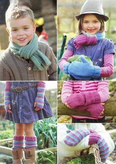 four pictures of young children wearing knitted mittens and gloves