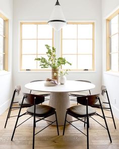 a dining room table with four chairs and a potted plant on the table in front of two windows