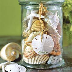 a glass jar filled with sea shells on top of a table