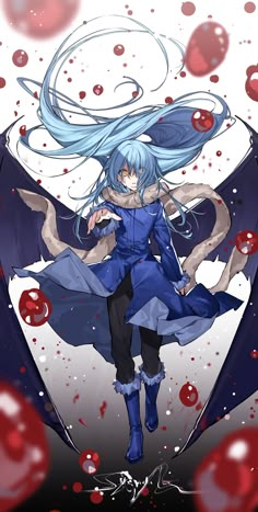 an anime character with blue hair and wings flying through the air, surrounded by blood