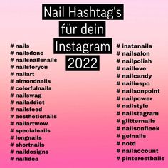 Nail Hashtag's für dein Instagram 2022 #logolounge #snapmagazine #fashionblogger #logoshope #EverlastingSyncFoundation #brows #commericalcleaning Hastag Instagram Nails, Nails Hashtag For Instagram, Instagram Nail Usernames, Caption For Nails On Instagram, Nail Tech Hashtags, Instagram Captions For Nail Tech, Nail Tech Ig Names, Nail Art Page Names For Instagram