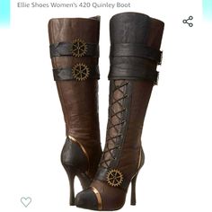 Nwt, Women's Size 8, Ellie Brand,Brown & Black Steampunk Boots With Gold Accents & 4" Heel. Steampunk Boots Women, Steampunk Shoes, Steampunk Boots, Ellie Shoes, Brown Boots Women, Slouchy Boots, Womens Combat Boots, Slouched Boots, Cool Boots