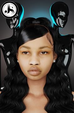 a woman with long black hair and two heads in the shape of human headphones