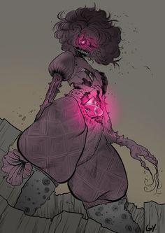 a drawing of a woman with pink light coming out of her face and hands, on top of a pile of rocks