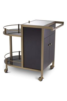 Contemporary Oak Trolley | Eichholtz Bellini | Oroa.com Brass Bar Cart, Brushed Brass Hardware, Round Shelf, Brass Bar, Moving Furniture, Steel Wood, Glass Tray, Design District, Wood Mirror