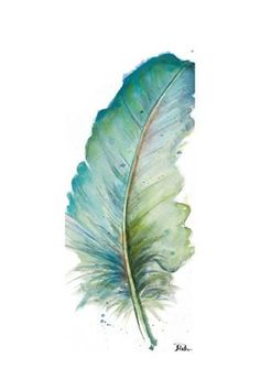 a watercolor painting of a green feather