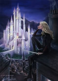 a painting of a woman sitting on top of a building with a castle in the background