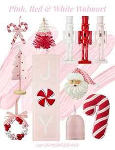 pink, red and white christmas items are featured in this image with the words joy on it