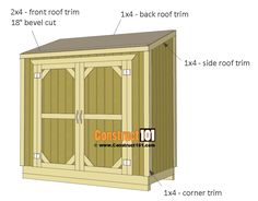 an image of a wooden storage shed with measurements for the top and bottom section on it