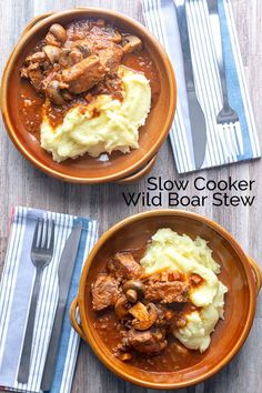 slow cooker wild boar stew with mashed potatoes and gravy in two bowls