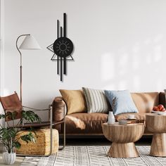 a living room filled with furniture and a large clock on the wall above it's head