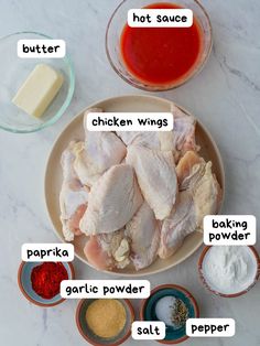 the ingredients for chicken wings are shown on a marble counter top with text describing how to cook them