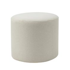 a white round ottoman sitting on top of a white flooring material covered in light colored fabric