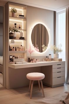 a vanity with a stool and lighted mirror in a room that looks like it is being used as a spa