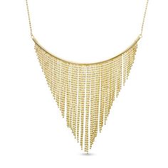 Update your dressy attire with this sensational bib necklace. Created in warm 10K gold, this stylish look features a curved bar adorned with shimmering tapered lengths of diamond-cut bead chain. Buffed to a brilliant luster, this design suspends centered along a 16.0-inch bead chain with 2.0-inch extender that secures with a spring-ring clasp. Glamorous Yellow Gold Party Necklaces, Glamorous Yellow Gold Party Necklace, Elegant Gold Bib Necklace With Adjustable Chain, Elegant Gold Bib Necklace For Evening, Elegant Gold Bar Necklace With Adjustable Chain, Tapered Fringe, Gold Bib Necklace, Dressy Attire, Geek Jewelry