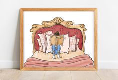 a drawing of a person reading a book on a bed with pink sheets and pillows