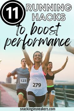 A woman finishing a road race with her hands in the air with a text overlay that says 11 running hacks to boost performance. How To Become A Better Runner, Increase Running Speed, Running Hacks, Half Marathon Motivation, Marathon Training Motivation, Beginner Half Marathon Training