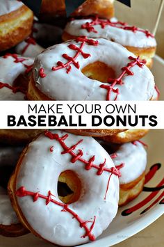 donuts with white frosting and red sprinkles are on a plate