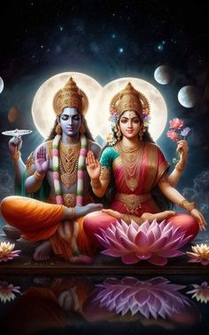 two deities sitting in front of the moon with their hands together and one holding a flower